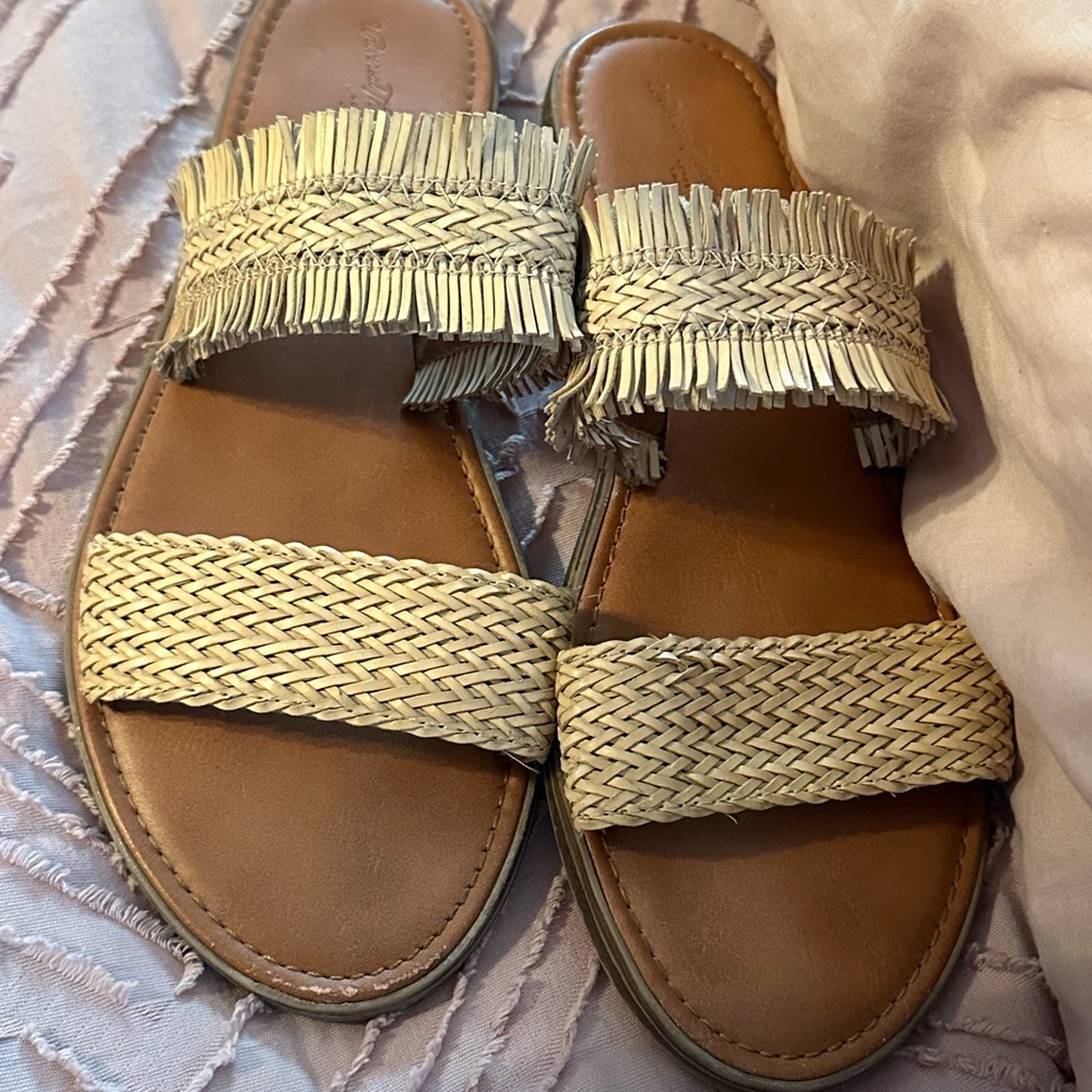 Universal Thread Tan Braided Fringe Slide Sandals
